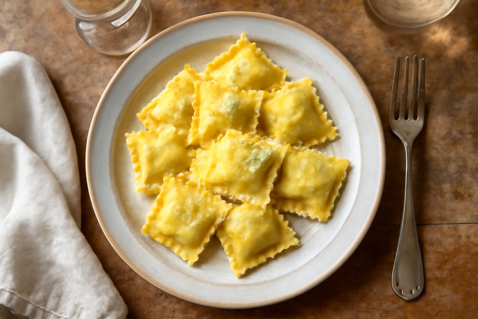 Piatto di tortelli d'erbetta freschi con riccioli di parmigiano, burro fuso e salvia, su sfondo bianco
