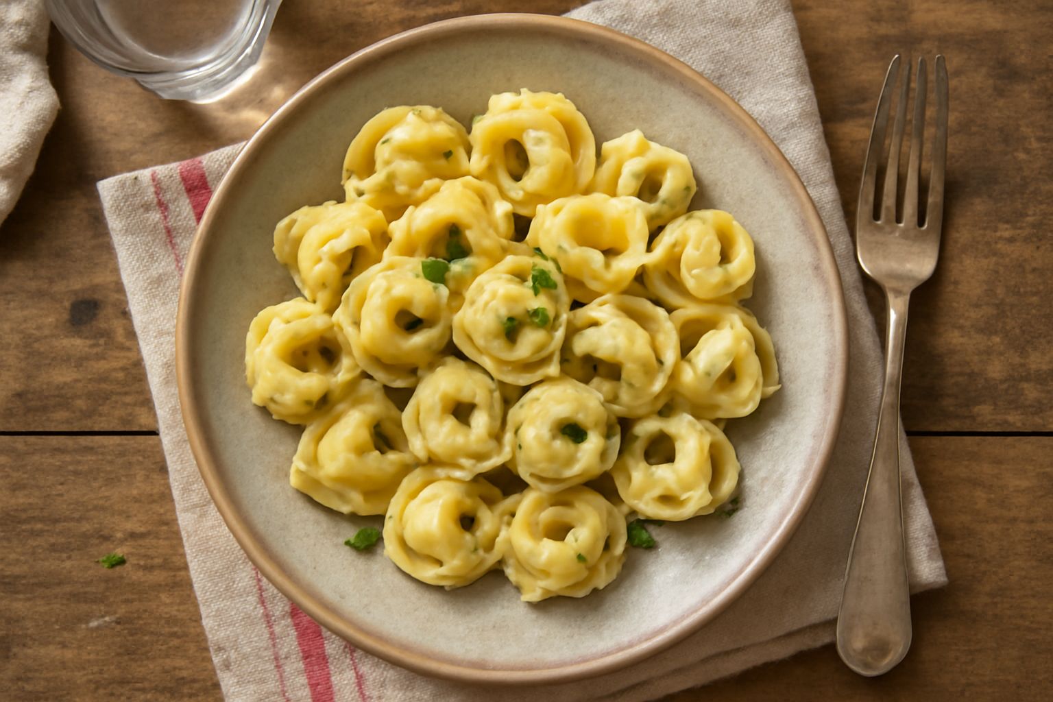 Piatto di pasta ripiena di carne appena servita, con forme di tortelloni color oro pallido ripieni di carne, ricoperti di salsa di pomodoro rosso vivo e grattugiata di formaggio bianco, contorno di pr