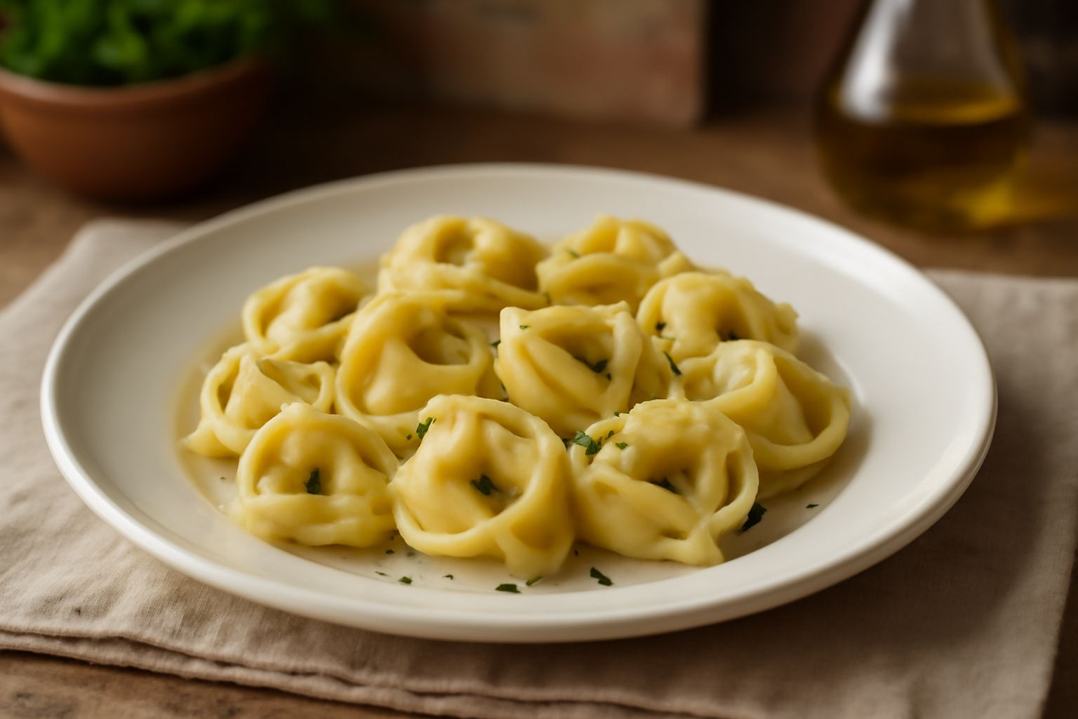 Tortellini di magro appena cotti in una ciotola bianca, ricoperti di brodo caldo e pezzetti di parmigiano, con foglie di prezzemolo fresco