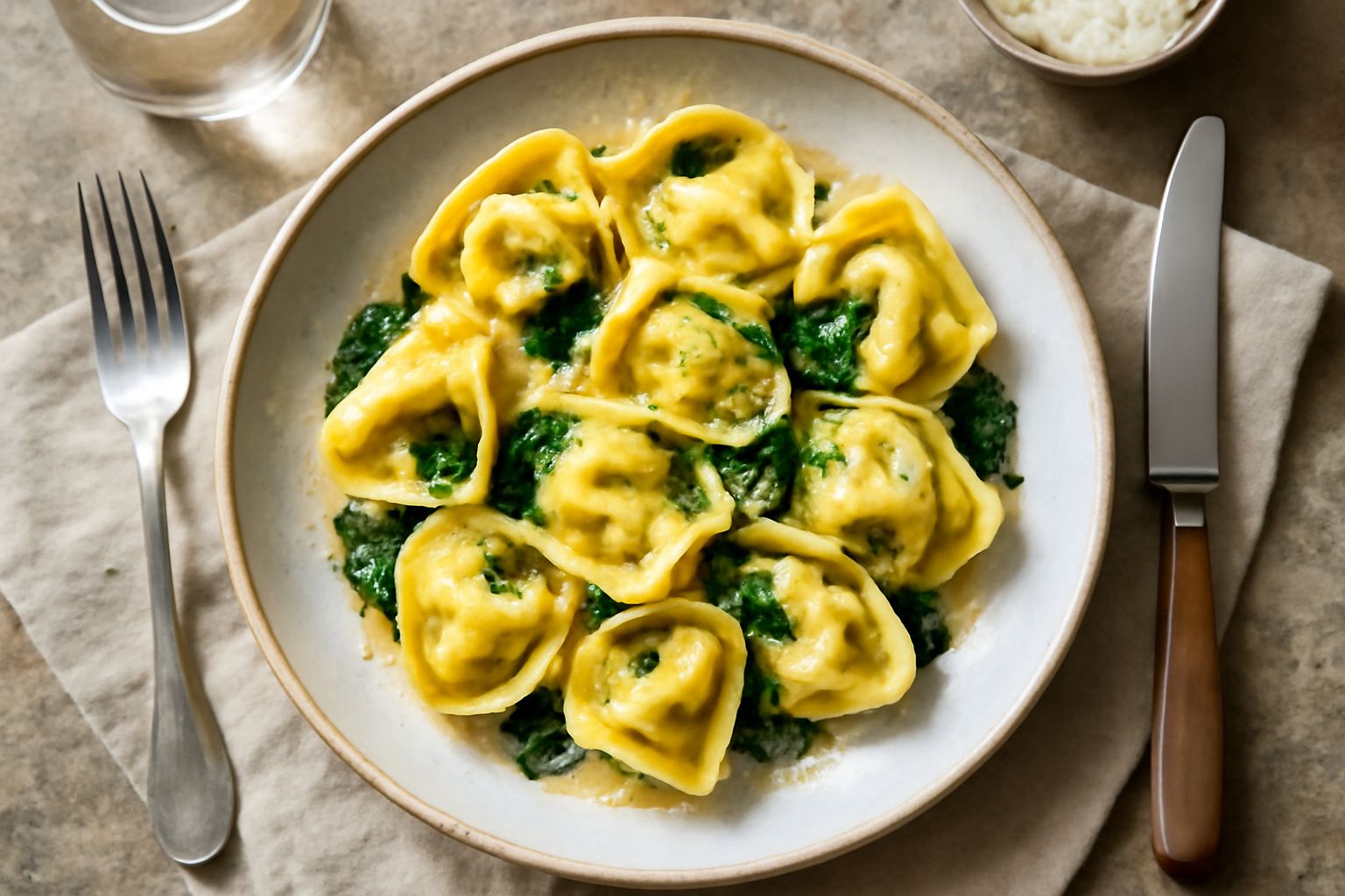 Tortelloni ripieni di ricotta e spinaci su piatto bianco con burro fuso e foglie di salvia fresca, al vapore in piccoli cumuli dorati