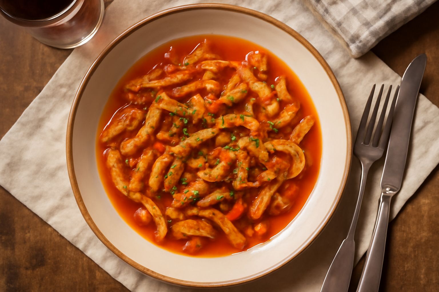 Trippa alla milanese in un piatto bianco fondo, con sugo rosso a base di pomodoro, grattugia di formaggio Grana Padano sopra, accanto cipolle tagliate finemente e un contenitore di brodo fumante