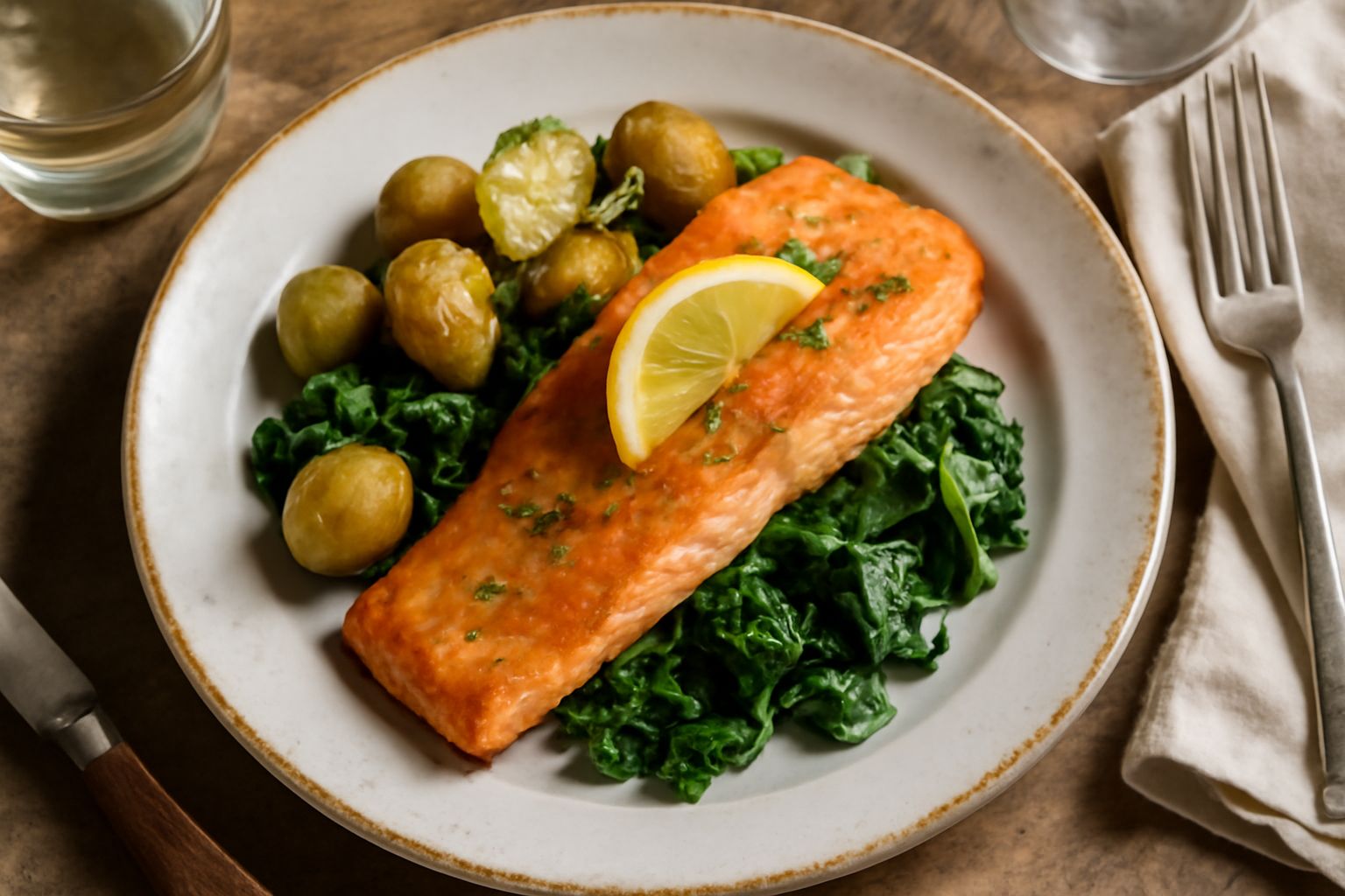 Filetto di trota salmonata cotto al forno, di colore rosa salmone, guarnito con fettine di limone fresco, erba cipollina e prezzemolo, su un piatto bianco con un filo di olio d'oliva