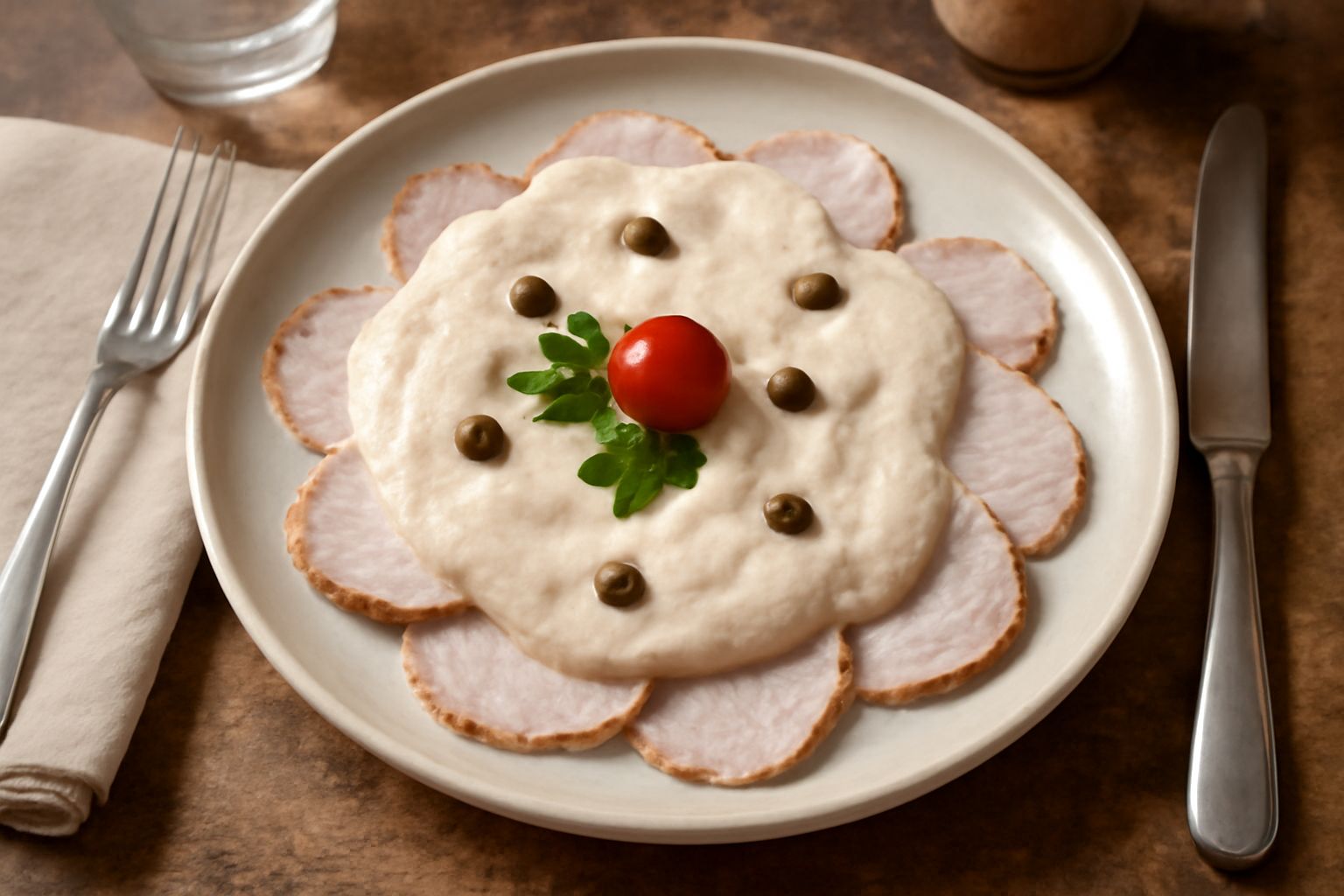 Piatto bianco con fettine sottili di vitello grigio-rosa coperte da salsa tonnata color crema, decorate con filetti di acciuga, capperi verdi e limone affettato sottile, ripreso da sopra