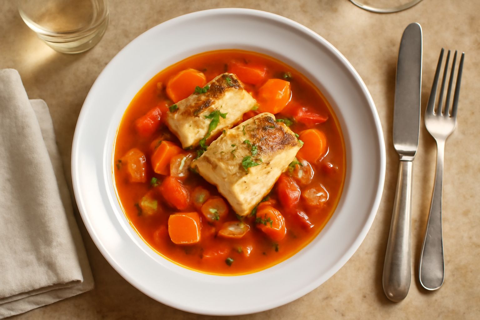 Zuppa di pesce persico in ciotola di ceramica bianca, con filetti bianchi e rosati visibili nel brodo dorato, guarnita con prezzemolo fresco e fette di pane tostato ai bordi